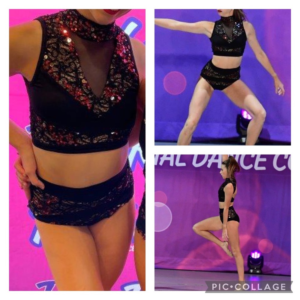 Black with red details 2 piece costume by Kelle size TEEN XSA Child XL Beautiful